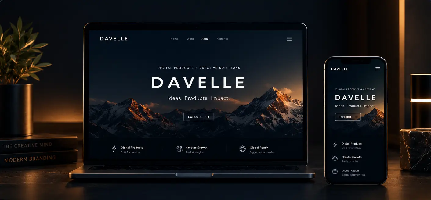 Davelle brand website displayed on a laptop and phone with a mountain landscape.