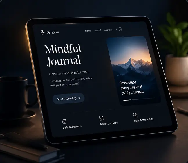 A tablet displaying the Mindful Journal digital product on a desk.