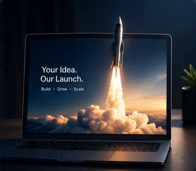 A laptop displaying a rocket launch and the words Your Idea. Our Launch.